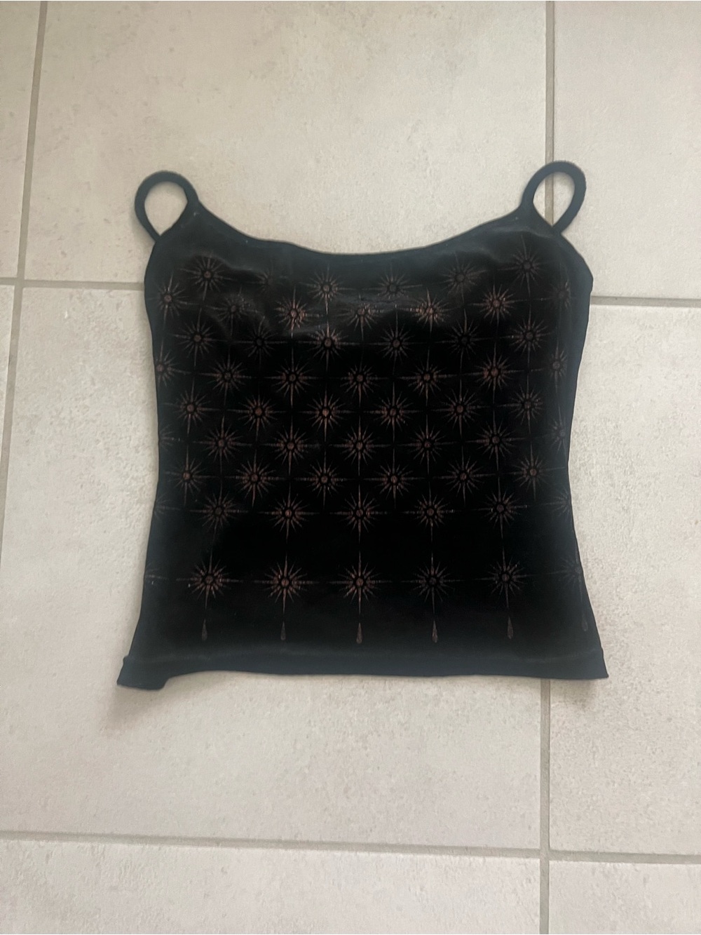 Morgan De Toi Black Velvet Star-Embroidered Spaghetti Strap Top